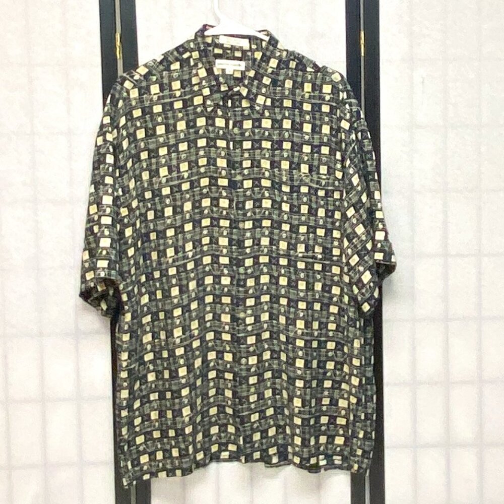 Pierre Cardin Atomic Abstract MCM Print Button Rayon Shirt L Short Sleeve Retro